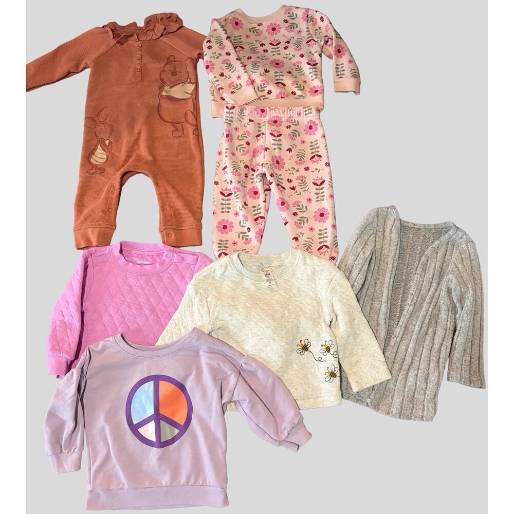 12M Baby Girl Clothing Bundle 7pc Mixed Brands Pooh Floral Sweaters Outfit Lot